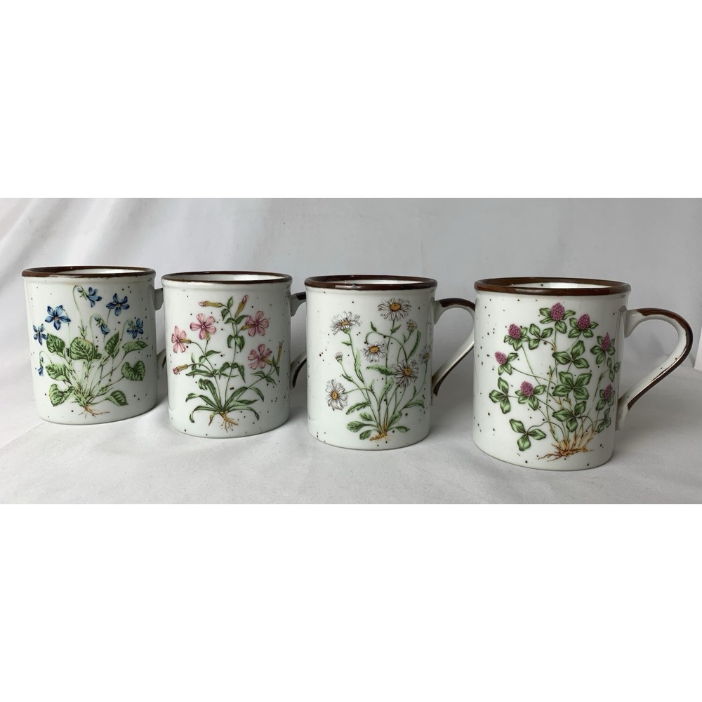 Takahashi Wildflower Coffee Cups Stoneware Set of 4 Speckled Vintage 70s Cottage